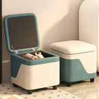 Modern Minimalist Solid Wood Stool with Storage, Rounded Square, Low Profile, Upholstered in Synthetic Fabric for Living Room