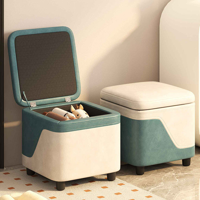 Modern Minimalist Solid Wood Stool with Storage, Rounded Square, Low Profile, Upholstered in Synthetic Fabric for Living Room