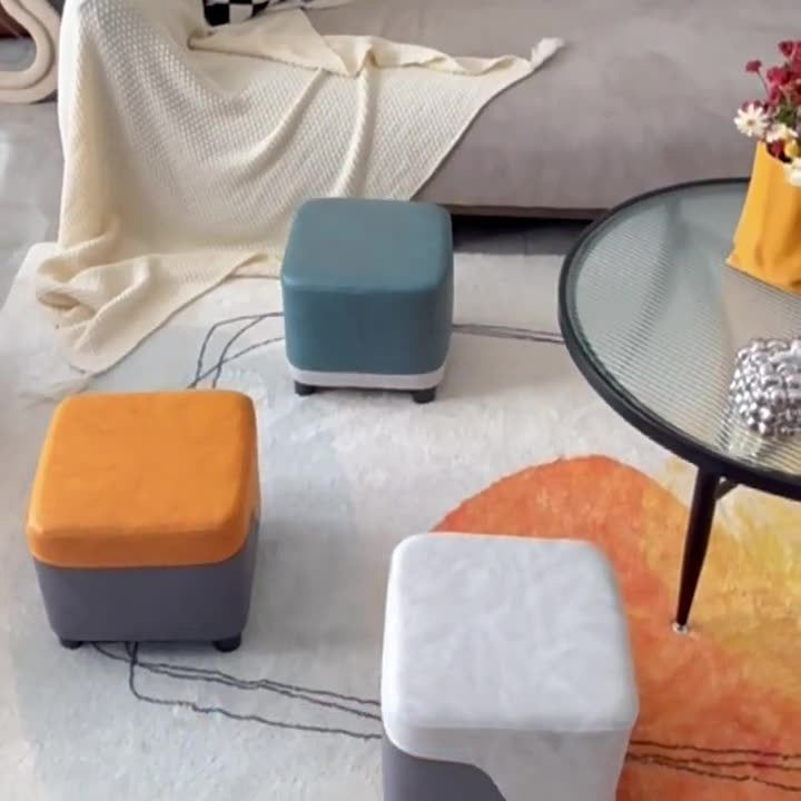 Modern Minimalist Solid Wood Stool with Storage, Rounded Square, Low Profile, Upholstered in Synthetic Fabric for Living Room