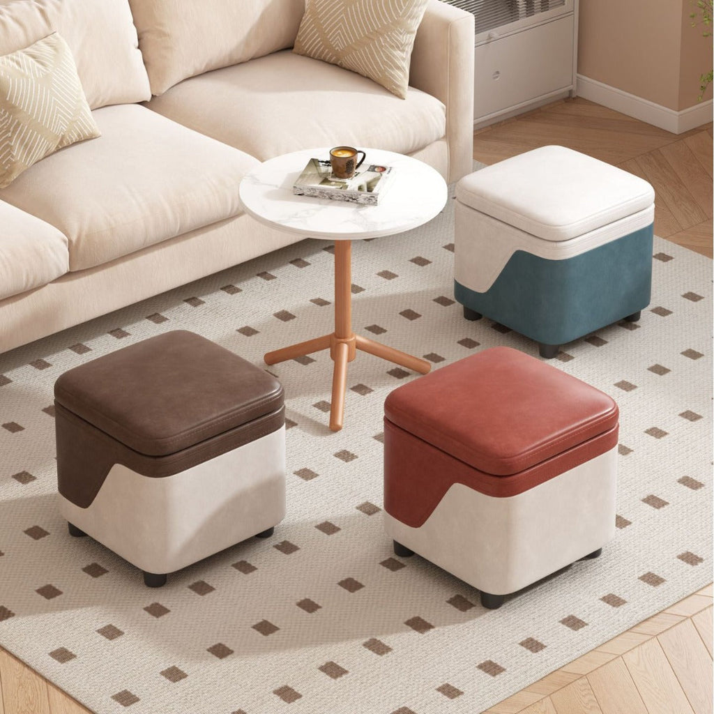Modern Minimalist Solid Wood Stool with Storage, Rounded Square, Low Profile, Upholstered in Synthetic Fabric for Living Room