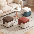 Modern Minimalist Solid Wood Stool with Storage, Rounded Square, Low Profile, Upholstered in Synthetic Fabric for Living Room