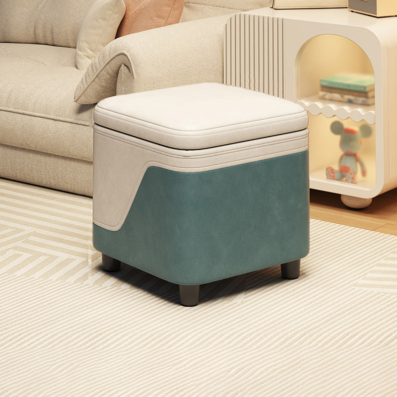 Modern Minimalist Solid Wood Stool with Storage, Rounded Square, Low Profile, Upholstered in Synthetic Fabric for Living Room