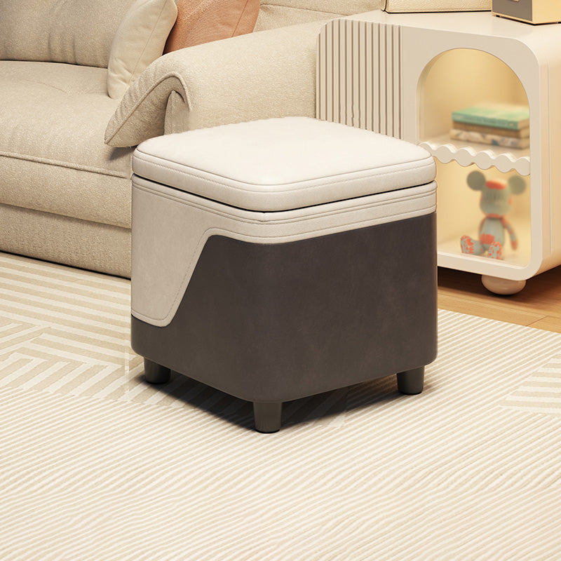 Modern Minimalist Solid Wood Stool with Storage, Rounded Square, Low Profile, Upholstered in Synthetic Fabric for Living Room