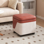 Modern Minimalist Solid Wood Stool with Storage, Rounded Square, Low Profile, Upholstered in Synthetic Fabric for Living Room