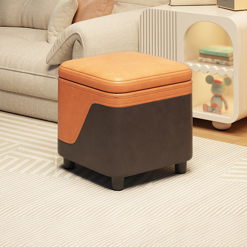 Modern Minimalist Solid Wood Stool with Storage, Rounded Square, Low Profile, Upholstered in Synthetic Fabric for Living Room