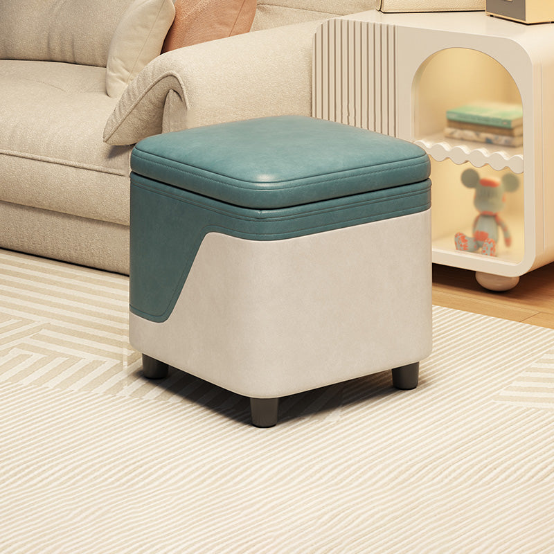 Modern Minimalist Solid Wood Stool with Storage, Rounded Square, Low Profile, Upholstered in Synthetic Fabric for Living Room