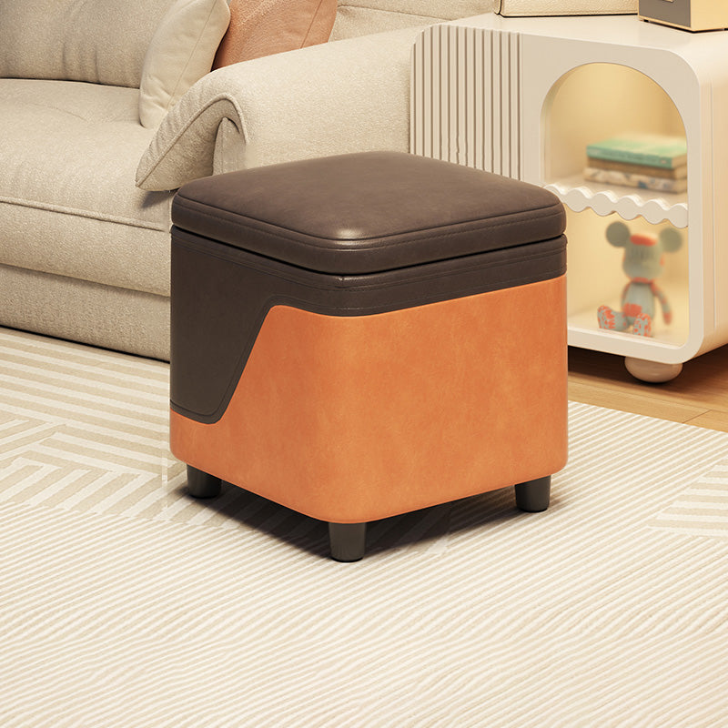 Modern Minimalist Solid Wood Stool with Storage, Rounded Square, Low Profile, Upholstered in Synthetic Fabric for Living Room