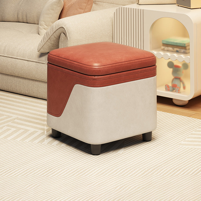 Modern Minimalist Solid Wood Stool with Storage, Rounded Square, Low Profile, Upholstered in Synthetic Fabric for Living Room