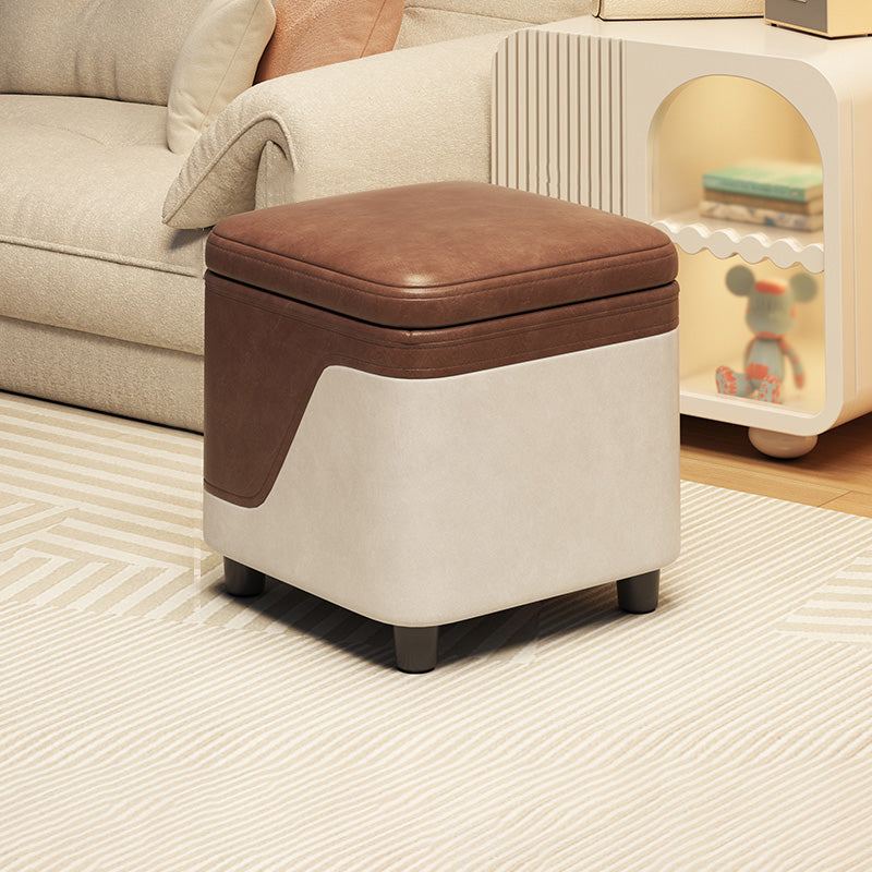 Modern Minimalist Solid Wood Stool with Storage, Rounded Square, Low Profile, Upholstered in Synthetic Fabric for Living Room