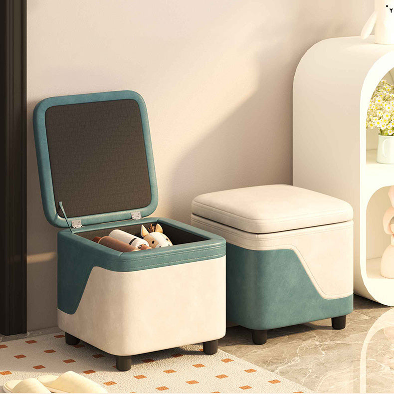 Modern Minimalist Solid Wood Stool with Storage, Rounded Square, Low Profile, Upholstered in Synthetic Fabric for Living Room