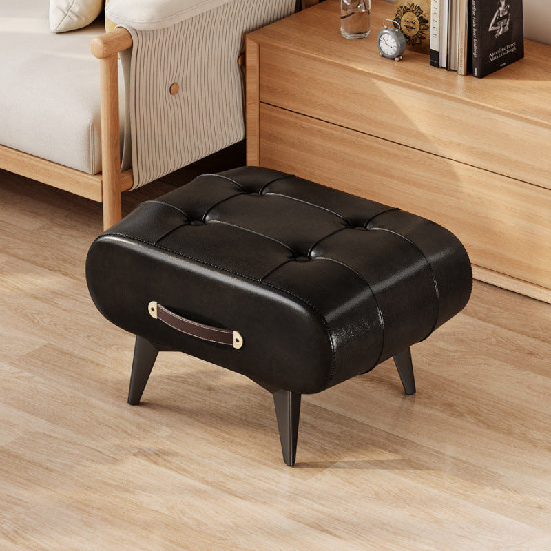 Taburete bajo rectangular contemporáneo escandinavo de cuero sintético y madera maciza con metal para sala de estar