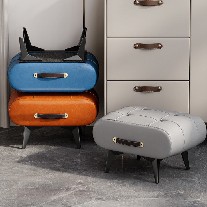 Taburete bajo rectangular contemporáneo escandinavo de cuero sintético y madera maciza con metal para sala de estar