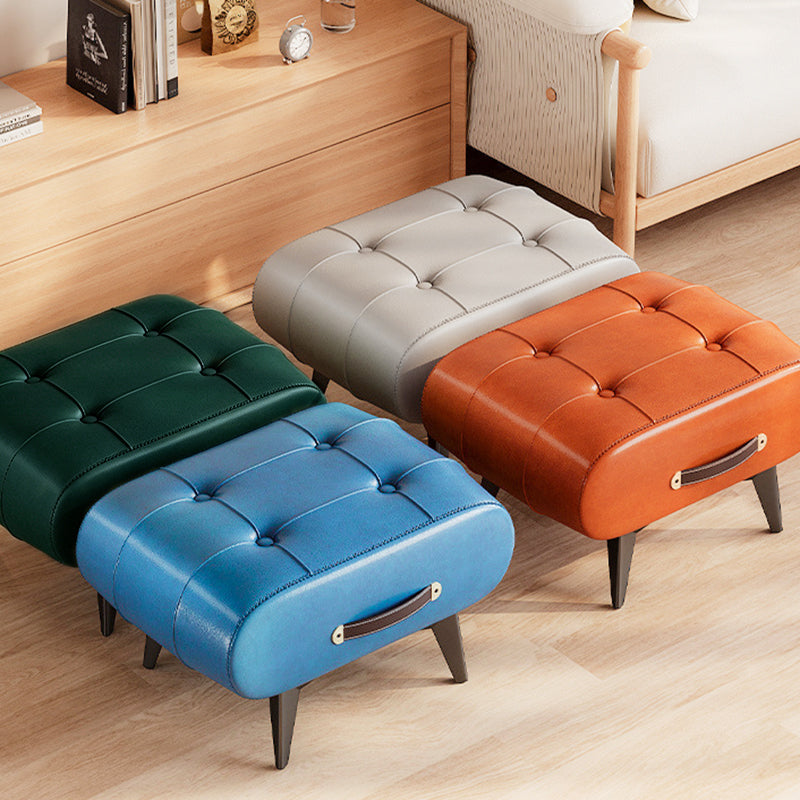 Taburete bajo rectangular contemporáneo escandinavo de cuero sintético y madera maciza con metal para sala de estar