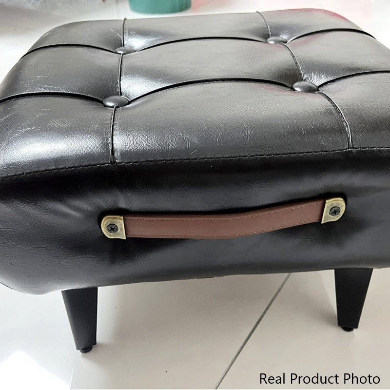 Taburete bajo rectangular contemporáneo escandinavo de cuero sintético y madera maciza con metal para sala de estar