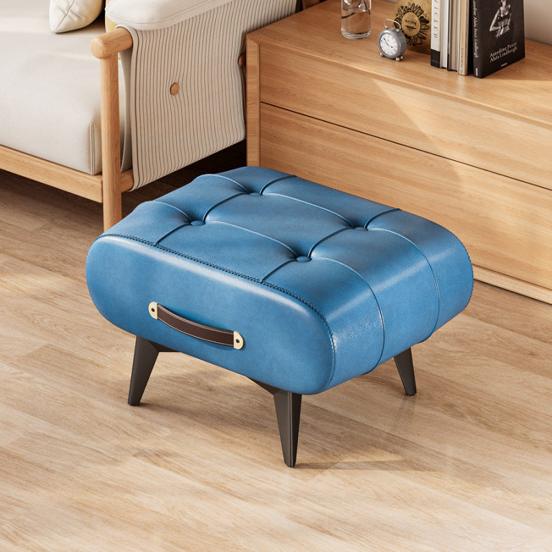 Contemporary Scandinavian PU Leather Solid Wood Metal Rectangular Low Stool For Living Room