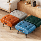 Taburete bajo rectangular contemporáneo escandinavo de cuero sintético y madera maciza con metal para sala de estar