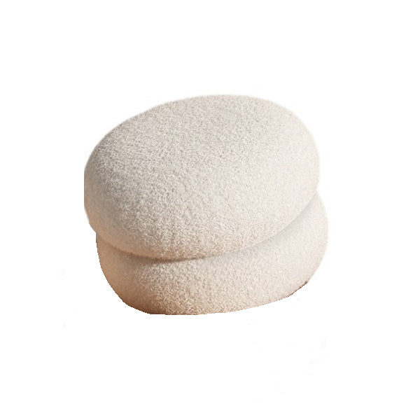 Taburete Bajo Redondo Plano de Madera Maciza con Tejido Sherpa, Estilo Moderno Minimalista, Para Sala de Estar