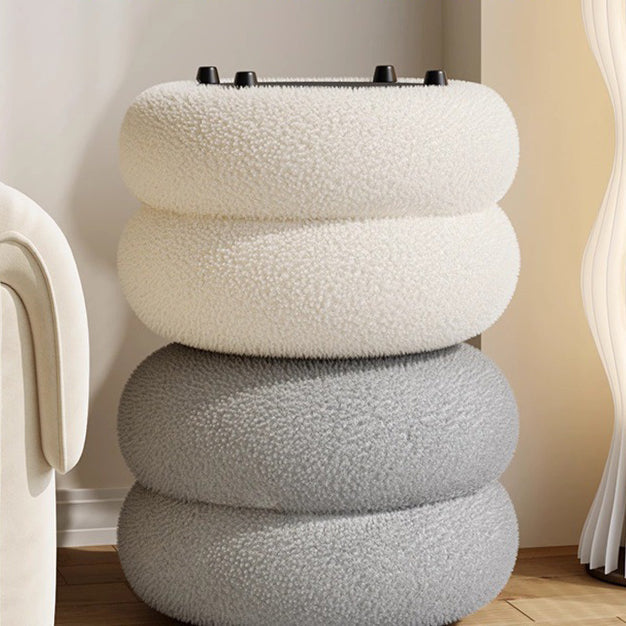 Taburete Bajo Redondo Plano de Madera Maciza con Tejido Sherpa, Estilo Moderno Minimalista, Para Sala de Estar