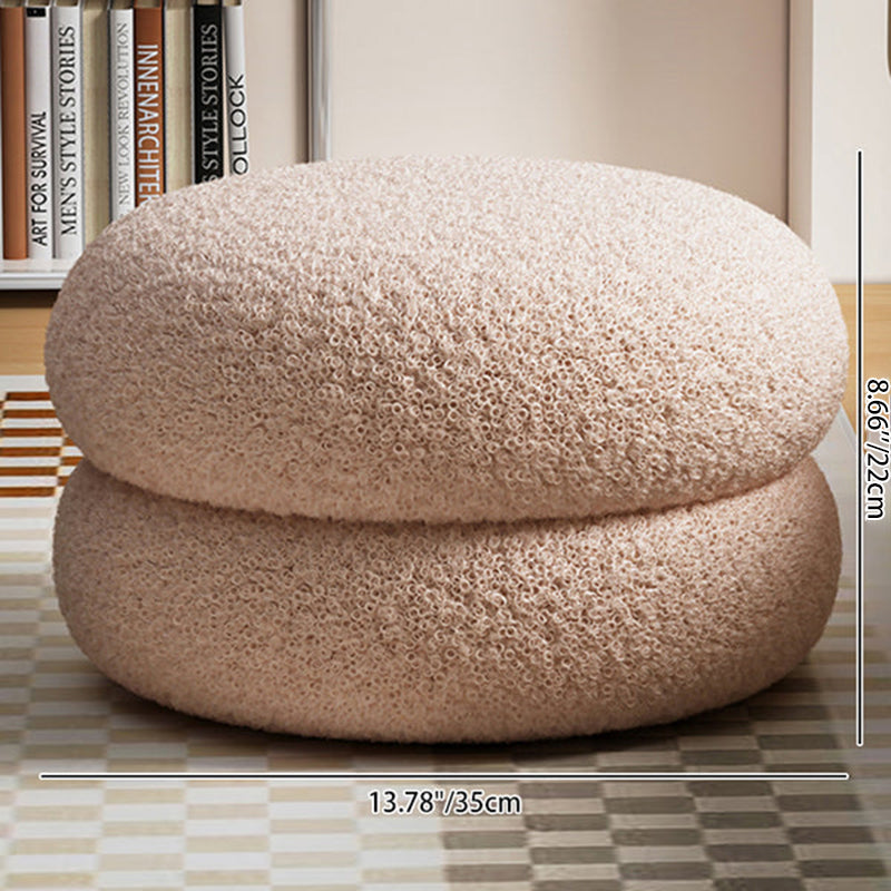 Taburete Bajo Redondo Plano de Madera Maciza con Tejido Sherpa, Estilo Moderno Minimalista, Para Sala de Estar
