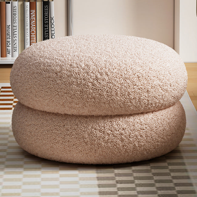 Modern Minimalist Sherpa Fabric Solid Wood Flat Round Low Stool For Living Room