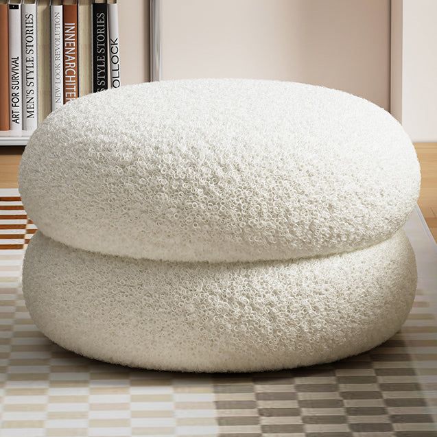 Taburete Bajo Redondo Plano de Madera Maciza con Tejido Sherpa, Estilo Moderno Minimalista, Para Sala de Estar