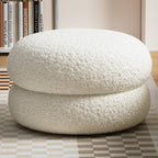Taburete Bajo Redondo Plano de Madera Maciza con Tejido Sherpa, Estilo Moderno Minimalista, Para Sala de Estar