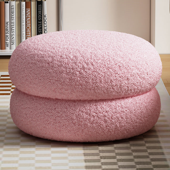Modern Minimalist Sherpa Fabric Solid Wood Flat Round Low Stool For Living Room