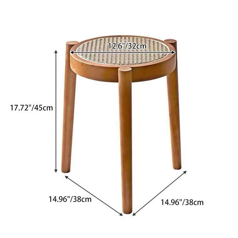 Modern Scandinavian Round Low Stool in Rattan & Rubber Wood – Sleek Living Room Accent