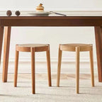 Modern Scandinavian Round Low Stool in Rattan & Rubber Wood – Sleek Living Room Accent