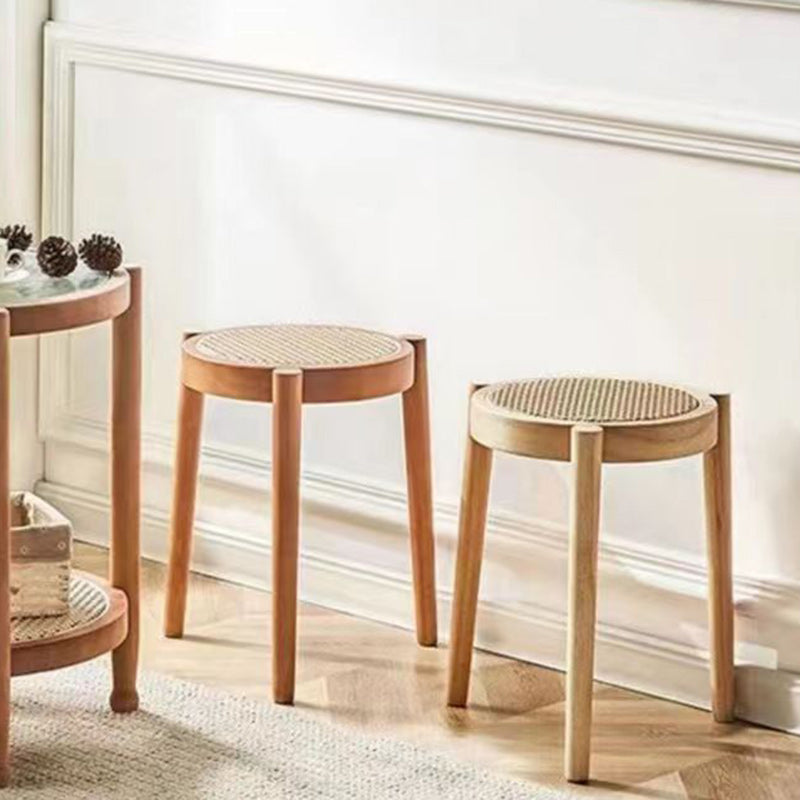 Modern Scandinavian Round Low Stool in Rattan & Rubber Wood – Sleek Living Room Accent
