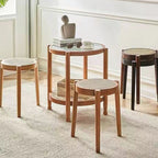 Modern Scandinavian Round Low Stool in Rattan & Rubber Wood – Sleek Living Room Accent