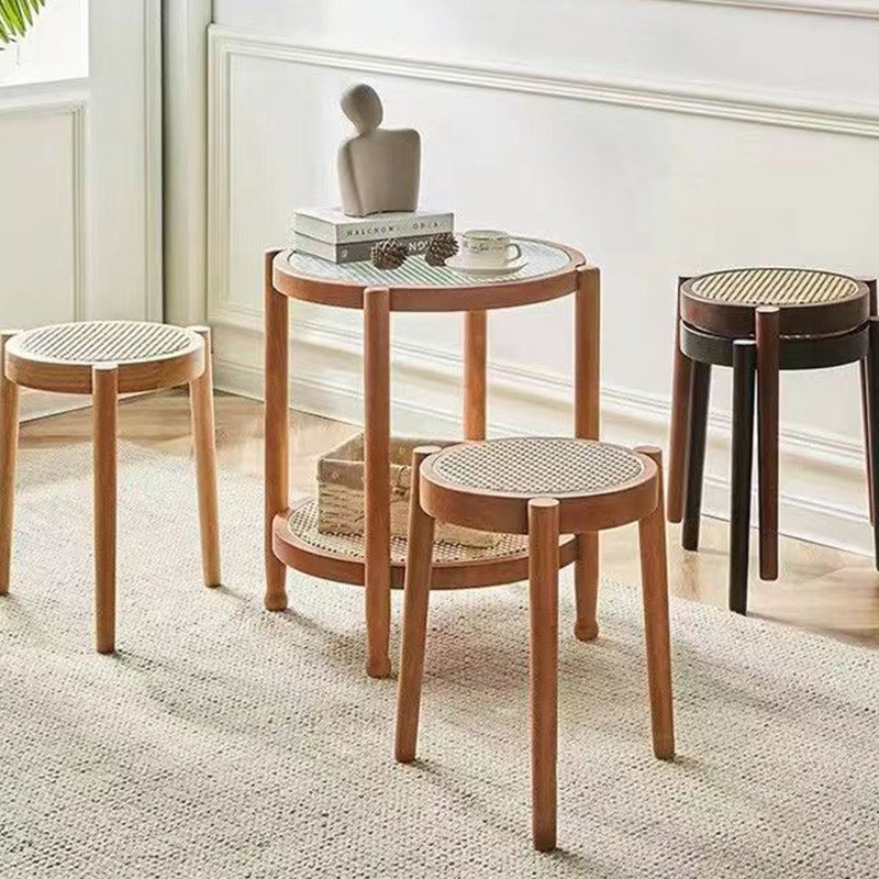 Modern Scandinavian Round Low Stool in Rattan & Rubber Wood – Sleek Living Room Accent