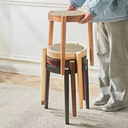 Modern Scandinavian Round Low Stool in Rattan & Rubber Wood – Sleek Living Room Accent