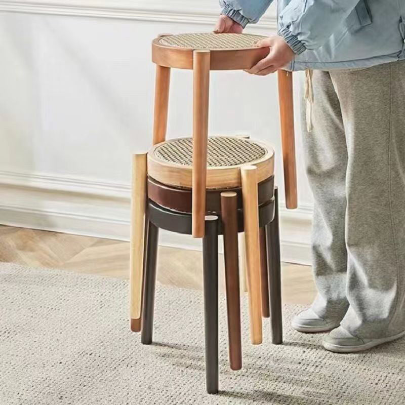 Modern Scandinavian Round Low Stool in Rattan & Rubber Wood – Sleek Living Room Accent