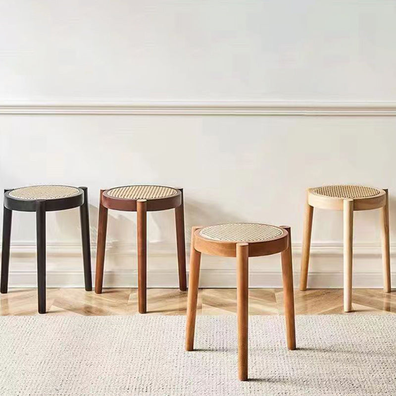 Modern Scandinavian Round Low Stool in Rattan & Rubber Wood – Sleek Living Room Accent