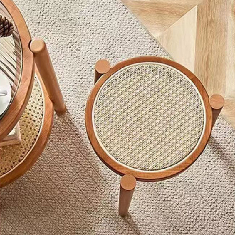Modern Scandinavian Round Low Stool in Rattan & Rubber Wood – Sleek Living Room Accent