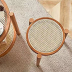 Modern Scandinavian Round Low Stool in Rattan & Rubber Wood – Sleek Living Room Accent