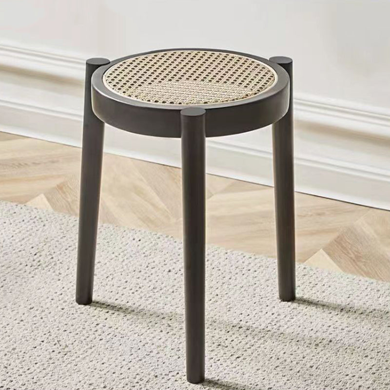 Modern Scandinavian Round Low Stool in Rattan & Rubber Wood – Sleek Living Room Accent
