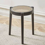 Modern Scandinavian Round Low Stool in Rattan & Rubber Wood – Sleek Living Room Accent