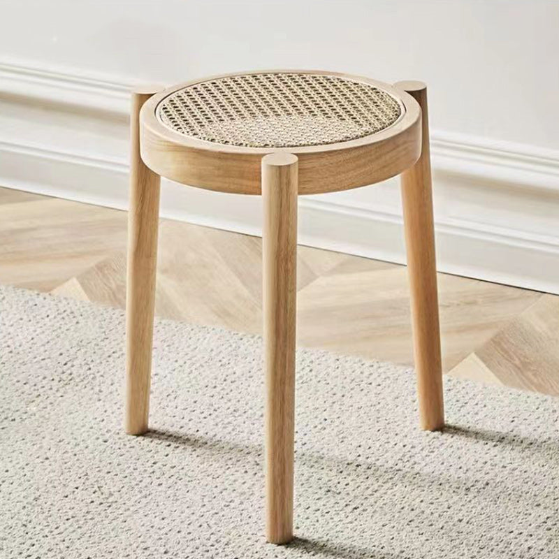 Modern Scandinavian Round Low Stool in Rattan & Rubber Wood – Sleek Living Room Accent