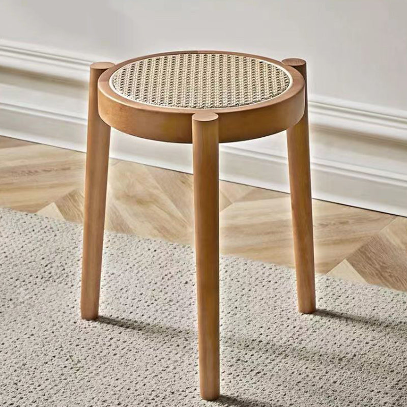Modern Scandinavian Round Low Stool in Rattan & Rubber Wood – Sleek Living Room Accent