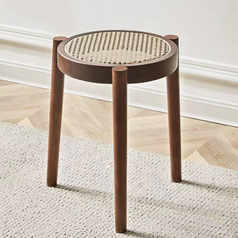 Modern Scandinavian Round Low Stool in Rattan & Rubber Wood – Sleek Living Room Accent