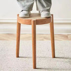 Modern Scandinavian Round Low Stool in Rattan & Rubber Wood – Sleek Living Room Accent