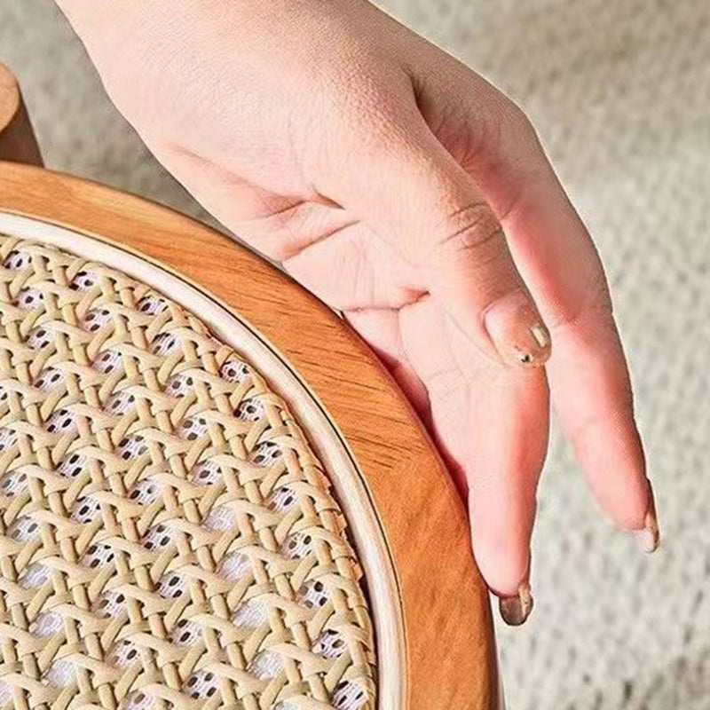 Modern Scandinavian Round Low Stool in Rattan & Rubber Wood – Sleek Living Room Accent