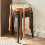 Modern Scandinavian Round Low Stool in Rattan & Rubber Wood – Sleek Living Room Accent