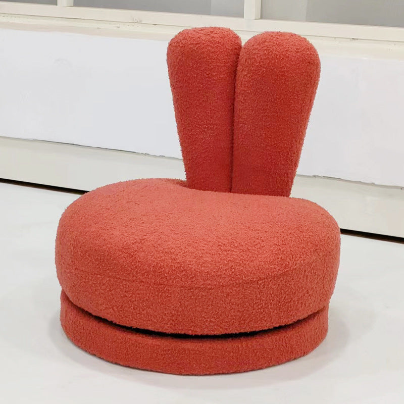 Modern Minimalist Kids Round Stool with Bunny-Ear Backrest — Solid Wood, Sherpa Fabric, Low-Profile for Living Room
