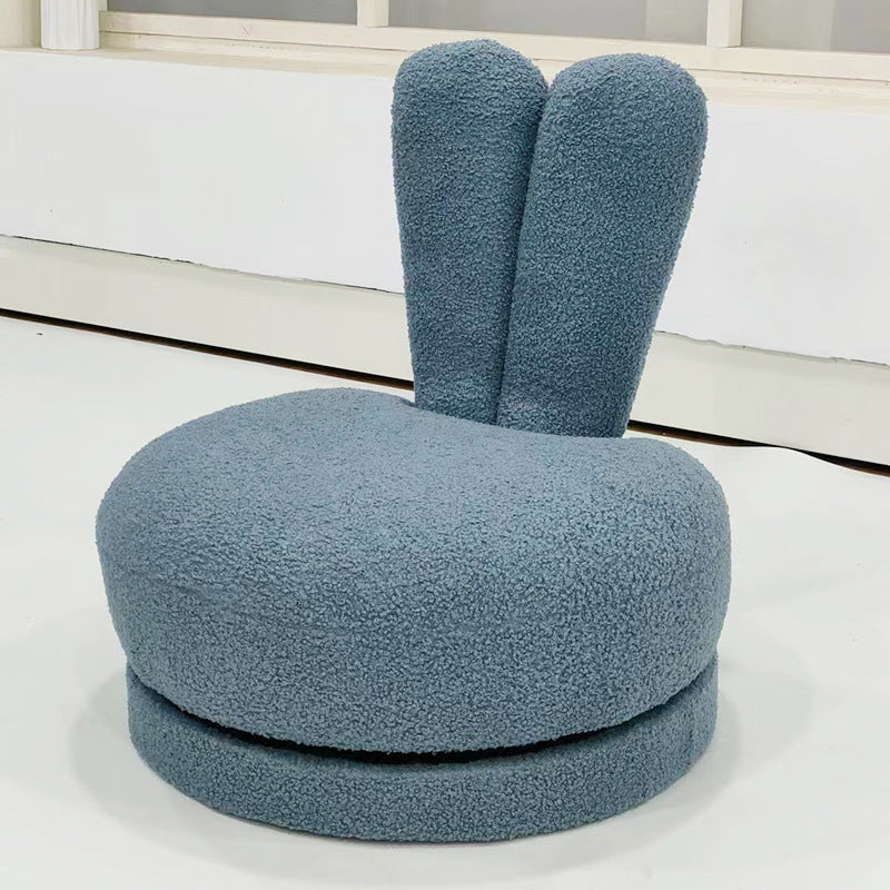 Modern Minimalist Kids Round Stool with Bunny-Ear Backrest — Solid Wood, Sherpa Fabric, Low-Profile for Living Room