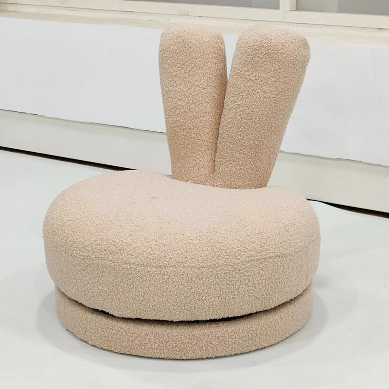 Modern Minimalist Kids Round Stool with Bunny-Ear Backrest — Solid Wood, Sherpa Fabric, Low-Profile for Living Room