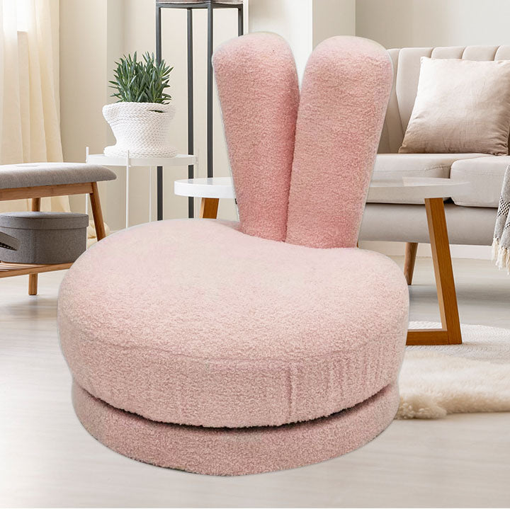Modern Minimalist Kids Round Stool with Bunny-Ear Backrest — Solid Wood, Sherpa Fabric, Low-Profile for Living Room