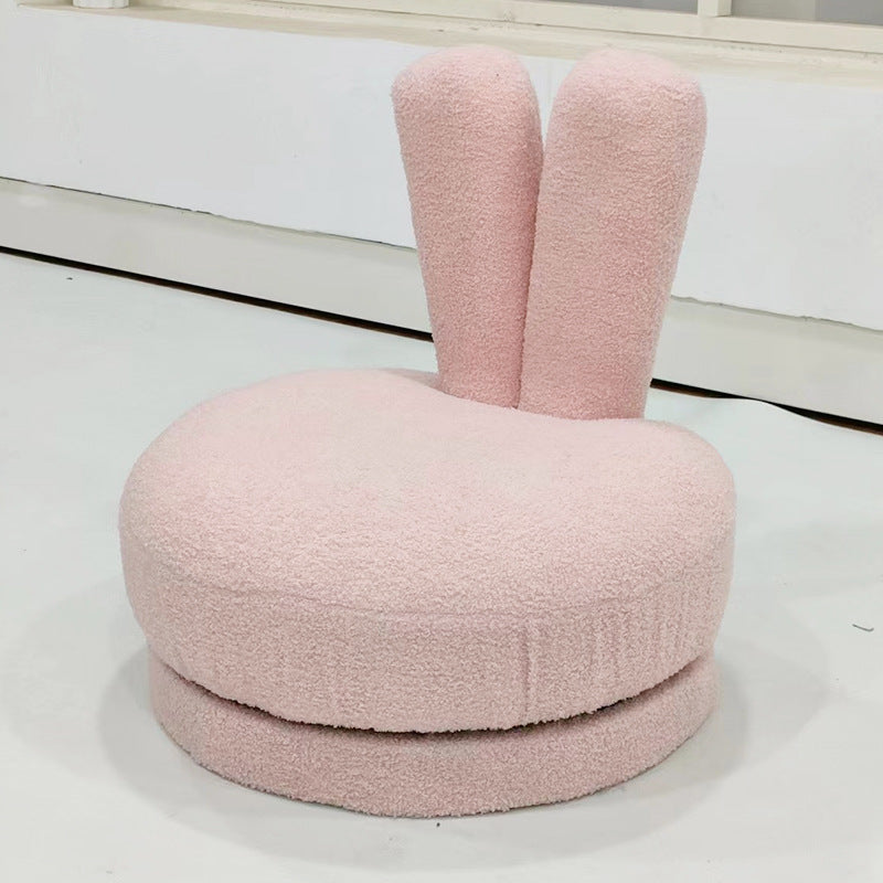 Modern Minimalist Kids Round Stool with Bunny-Ear Backrest — Solid Wood, Sherpa Fabric, Low-Profile for Living Room